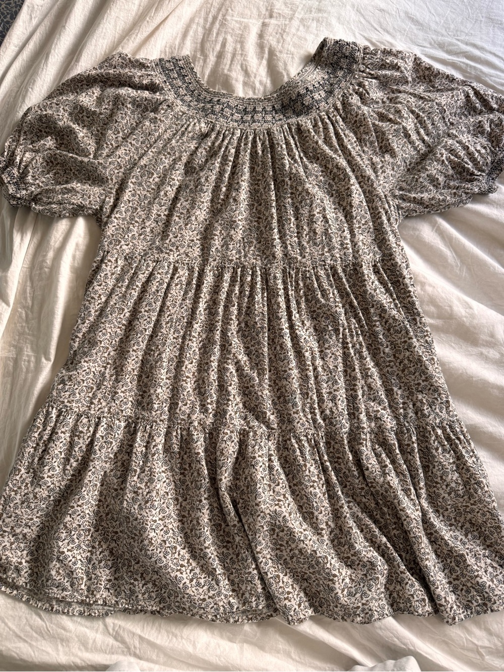 Old Navy Cream and Brown Floral Smocked Tiered Tunic